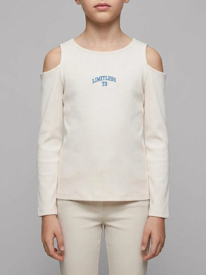 Springfield White Girls Rib Long Sleeve Off-The-Shoulder T-Shirt SKU: 6643123_96 Image 00