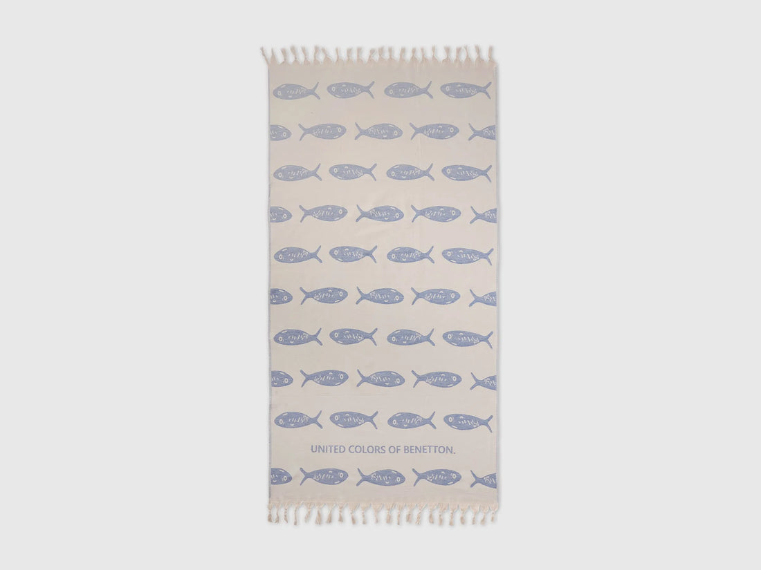 Benetton Creamy white Men, Women Jacquard Beach Towel with Blue Fish SKU: 6NYCV800Q_901 Image 01