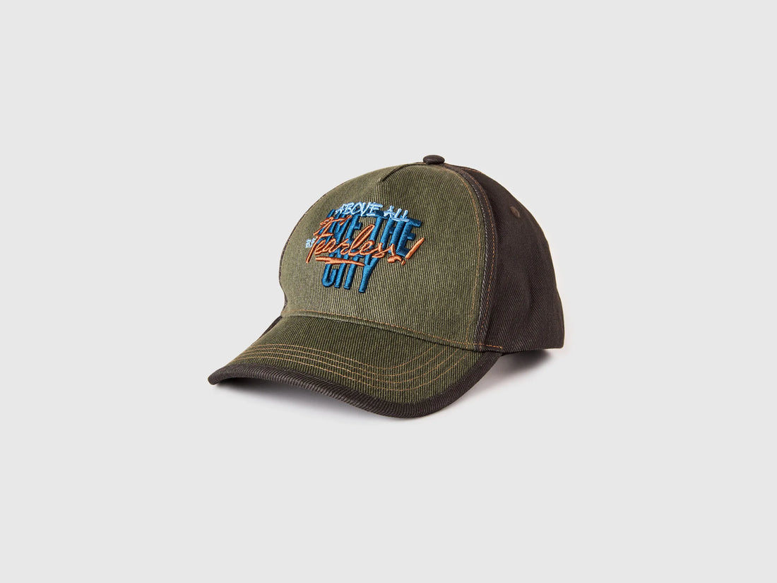 Benetton Military Green Boys Denim Baseball Cap with Slogan SKU: 6QJ5RA008_903 Image 01
