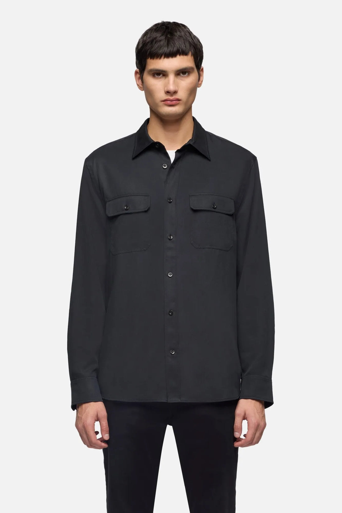 7 For All Mankind Black Men Military Shirt in Fluid SKU: 7M1L0G05_3FC Image 03
