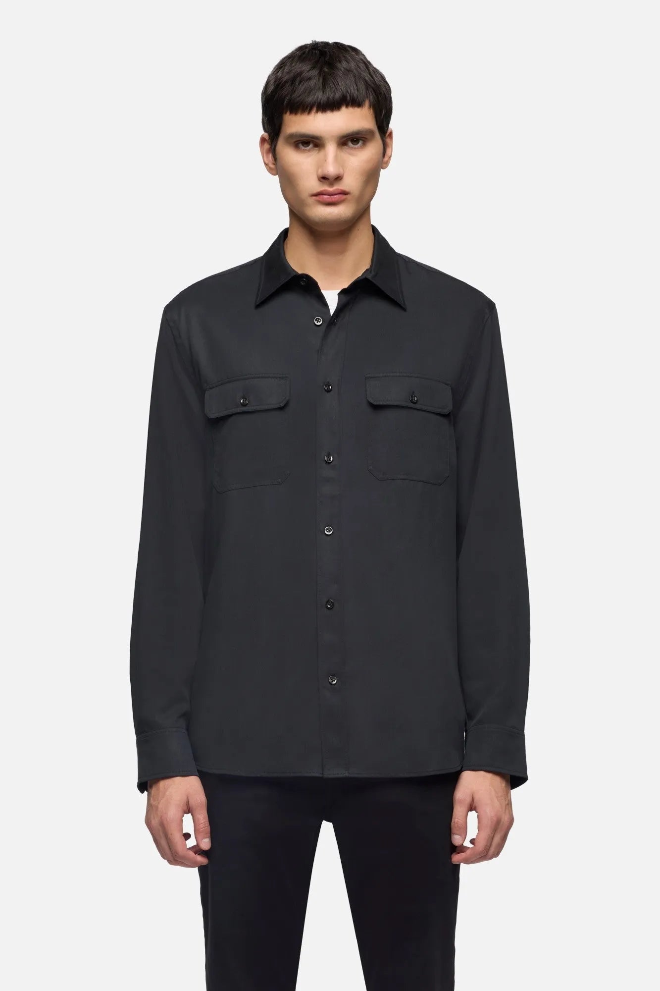 7 For All Mankind Black Men Military Shirt in Fluid SKU: 7M1L0G05_3FC Image 03