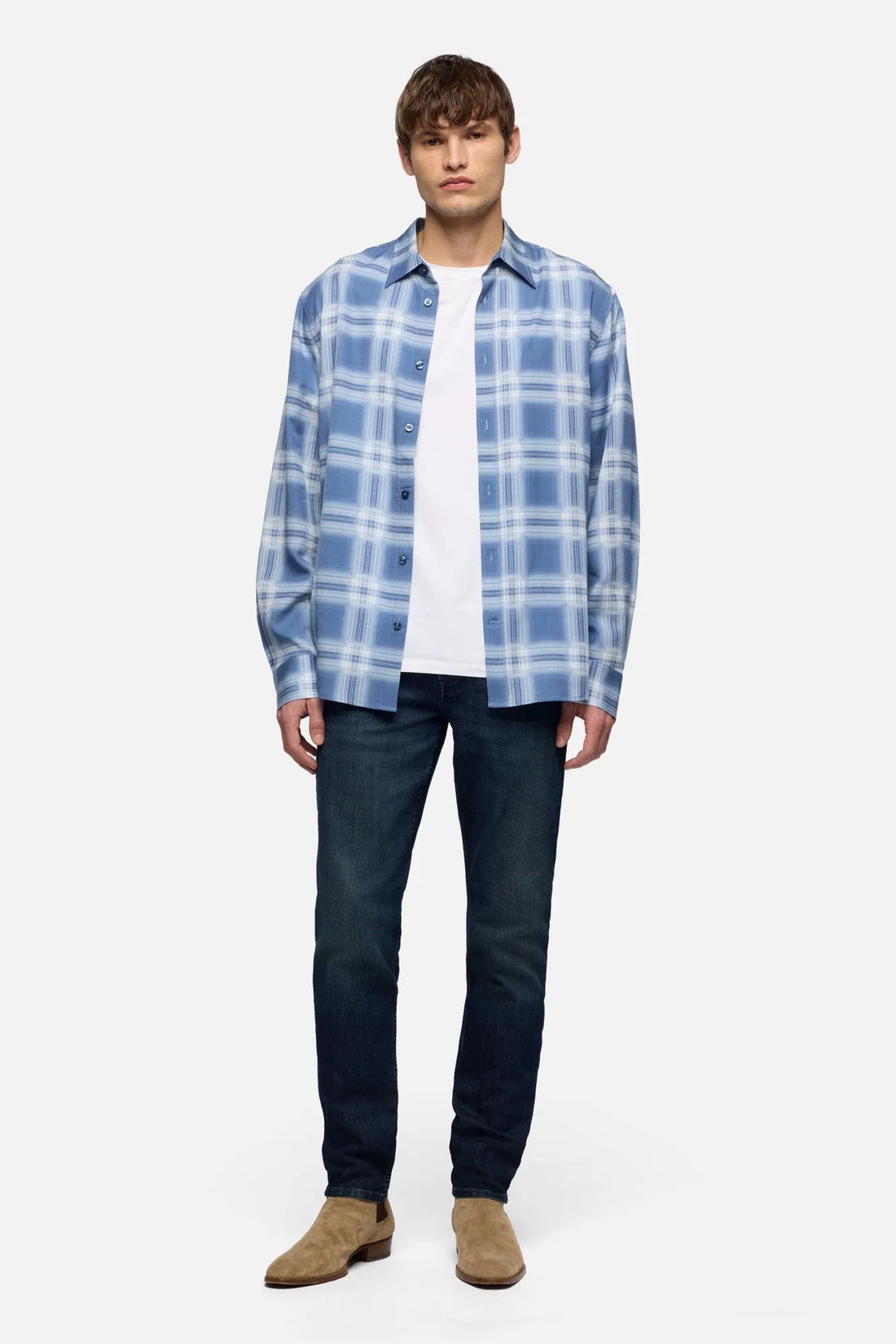 7 For All Mankind Blue Check Men Classic Button Up Shirt in Fluid SKU: 7M6T0G91_3E7 Image 02