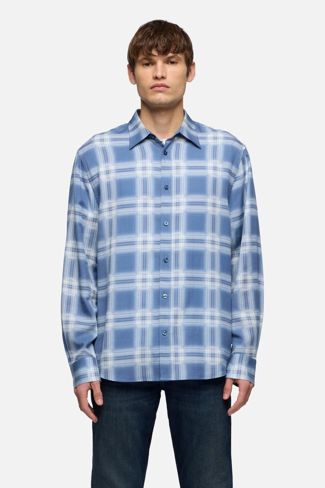 7 For All Mankind Blue Check Men Classic Button Up Shirt in Fluid SKU: 7M6T0G91_3E7 Image 03
