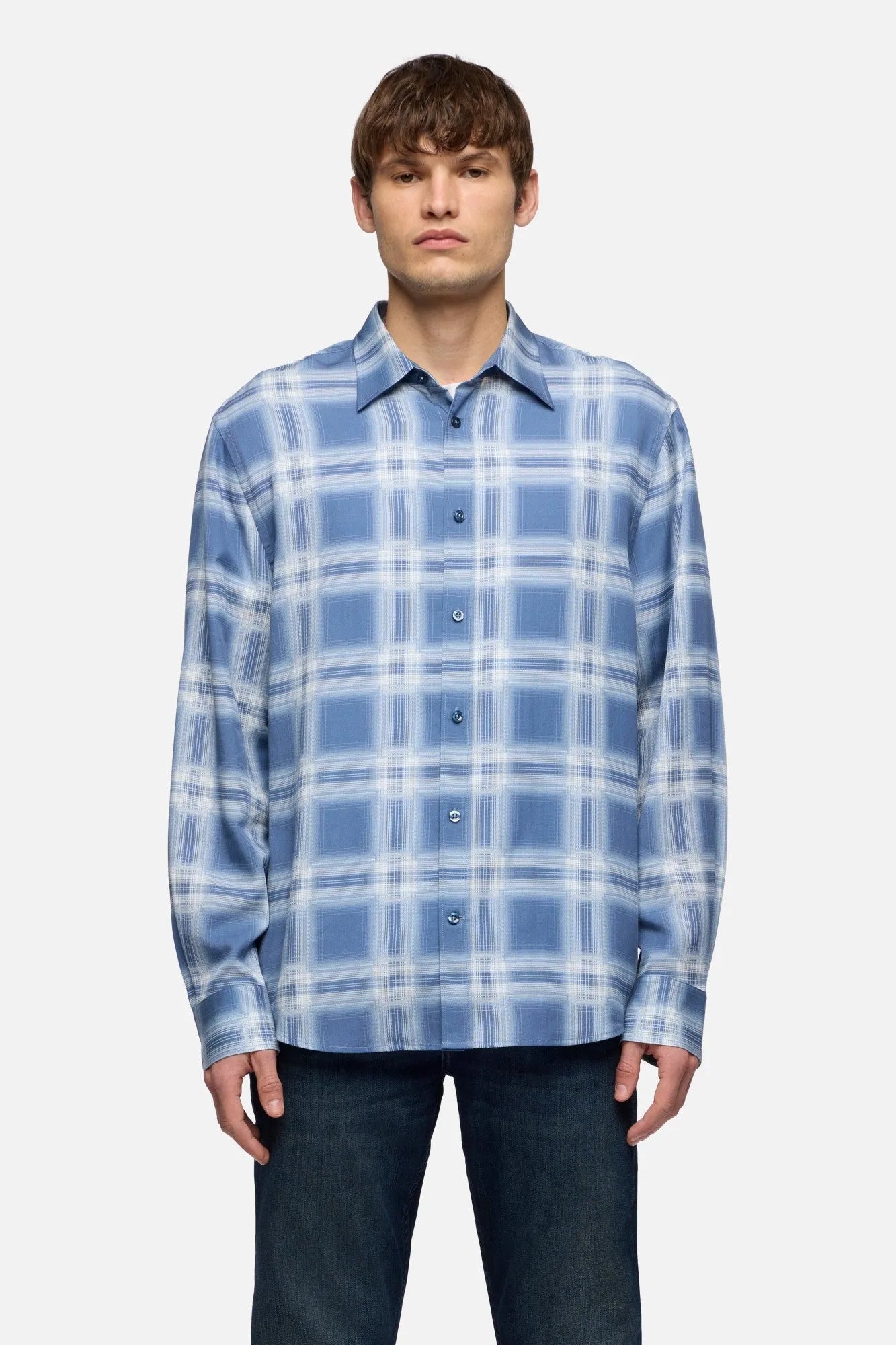 7 For All Mankind Blue Check Men Classic Button Up Shirt in Fluid SKU: 7M6T0G91_3E7 Image 03