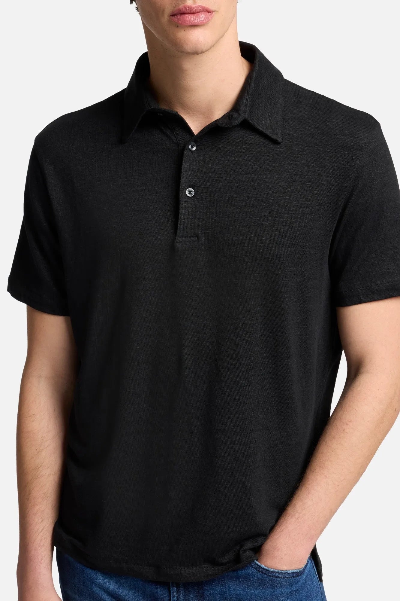 7 For All Mankind Black Men Polo in Linen SKU: 7M720E99_1K1 Image 04