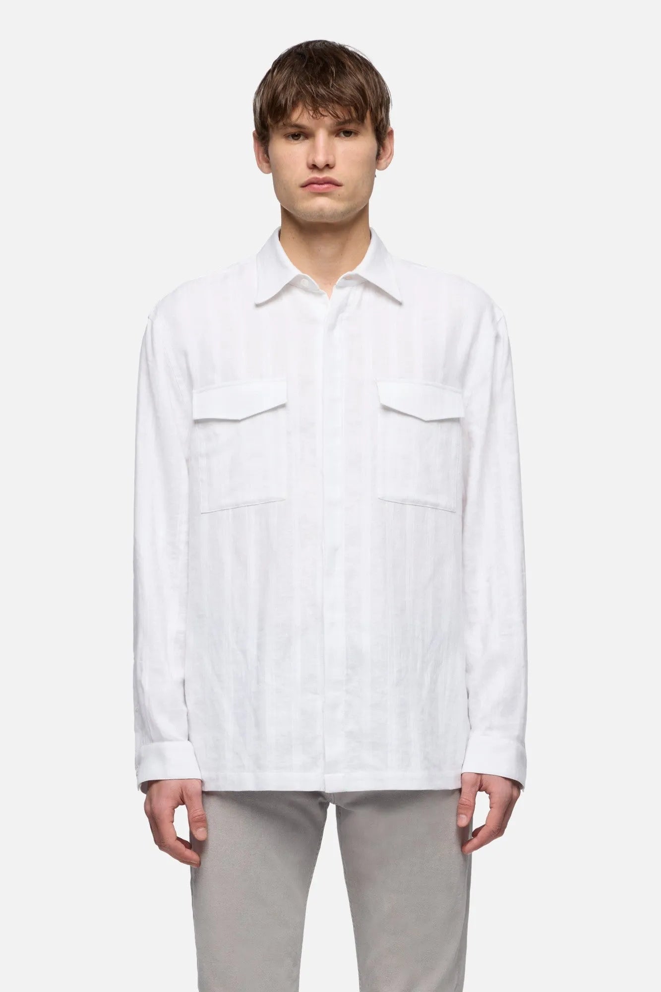 7 For All Mankind White Men Utility Shirt in Cotton Linen SKU: 7M8U0G73_3I0 Image 03