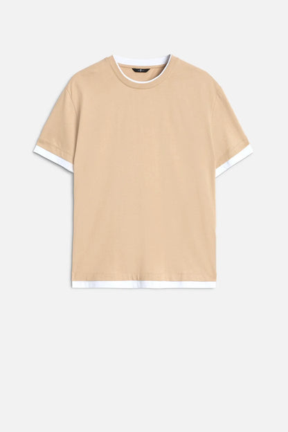 7 For All Mankind Tan Men Double Layer Tee SKU: 7M8X0G54_3FB Image 01