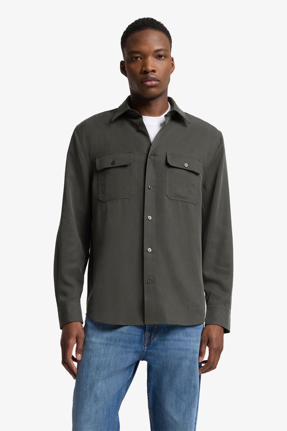 7 For All Mankind_Military Shirt Lyocell Forest Green with Pockets_7MC11W37-FOR_FOR_01