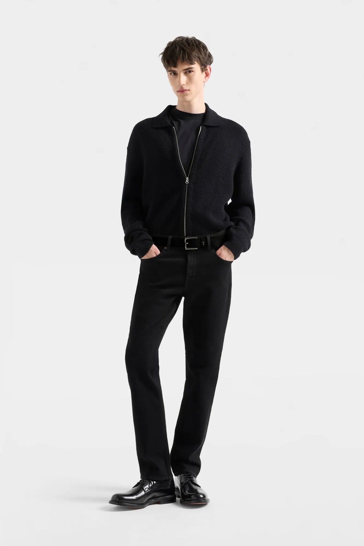 7 For All Mankind Black Men Polo Zip Sweater in Cotton Wool SKU: 7MDP0H32_3PZ Image 01