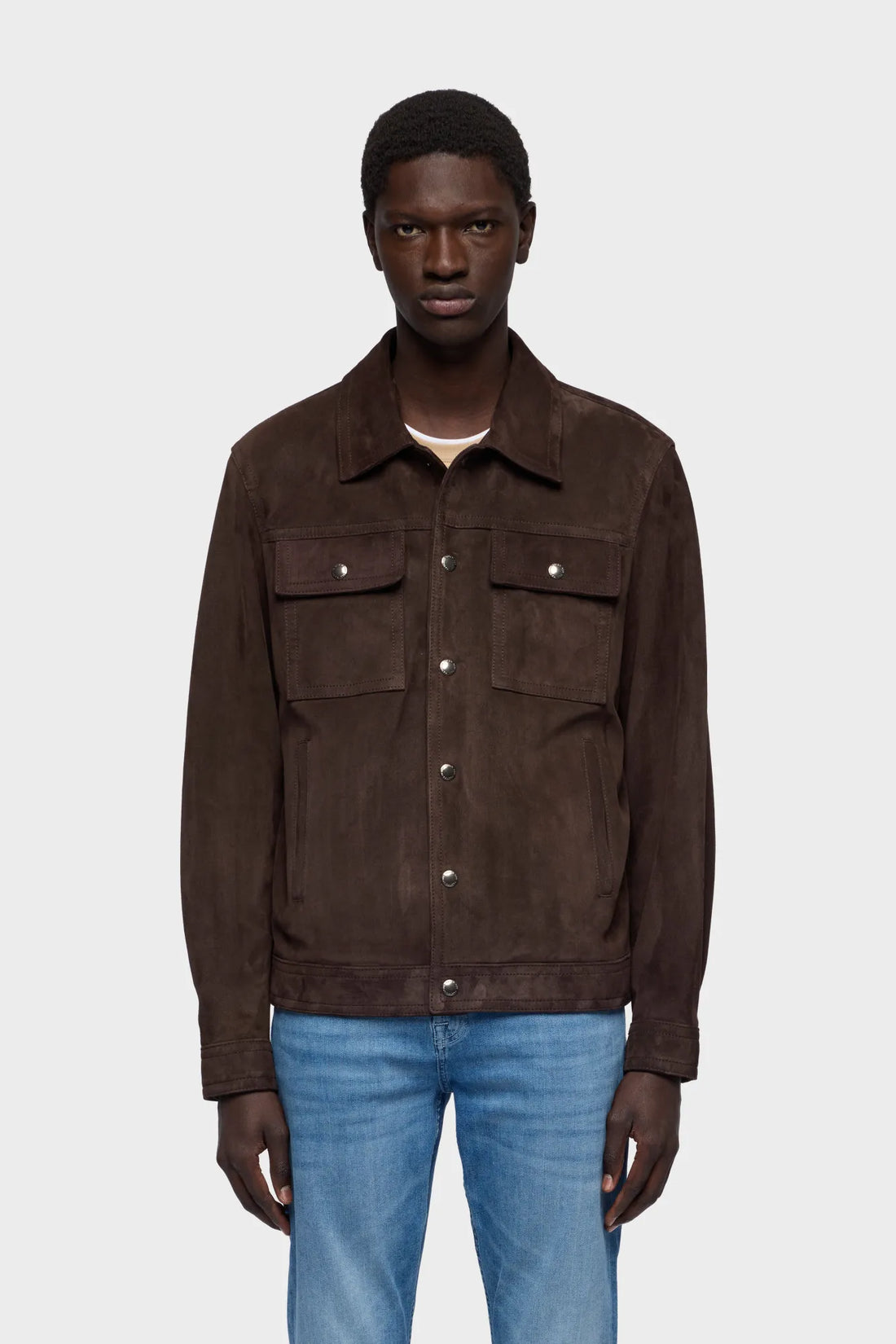 7 For All Mankind Espresso Men Modern Trucker Jacket in Suede SKU: 7MQ80F15_3FL Image 02
