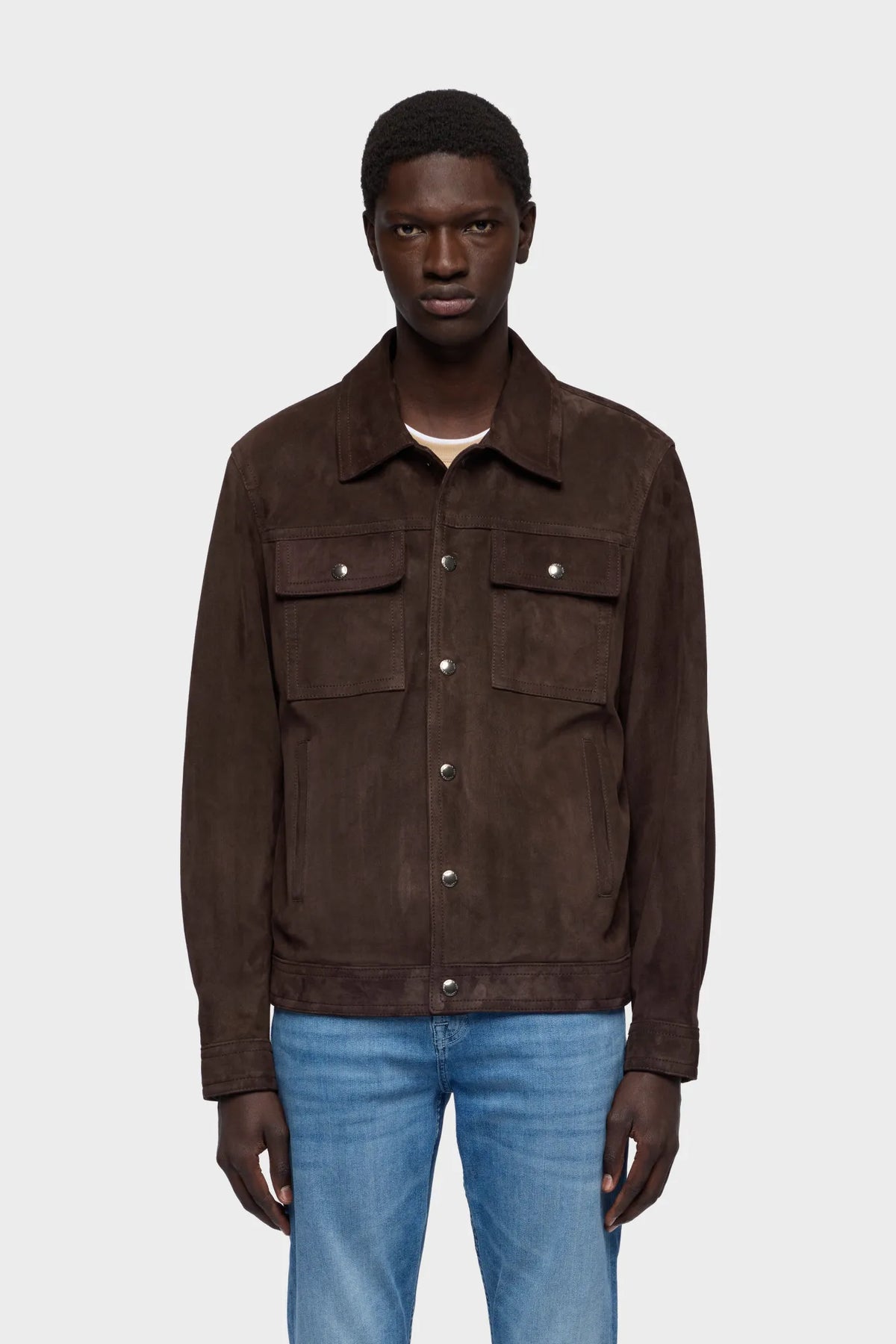 7 For All Mankind Espresso Men Modern Trucker Jacket in Suede SKU: 7MQ80F15_3FL Image 02