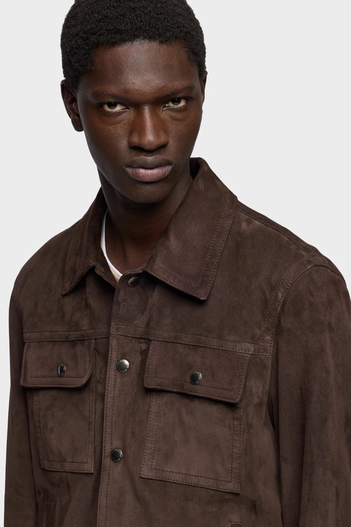 7 For All Mankind Espresso Men Modern Trucker Jacket in Suede SKU: 7MQ80F15_3FL Image 03