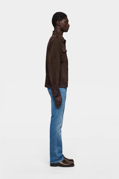 7 For All Mankind Espresso Men Modern Trucker Jacket in Suede SKU: 7MQ80F15_3FL Image 05