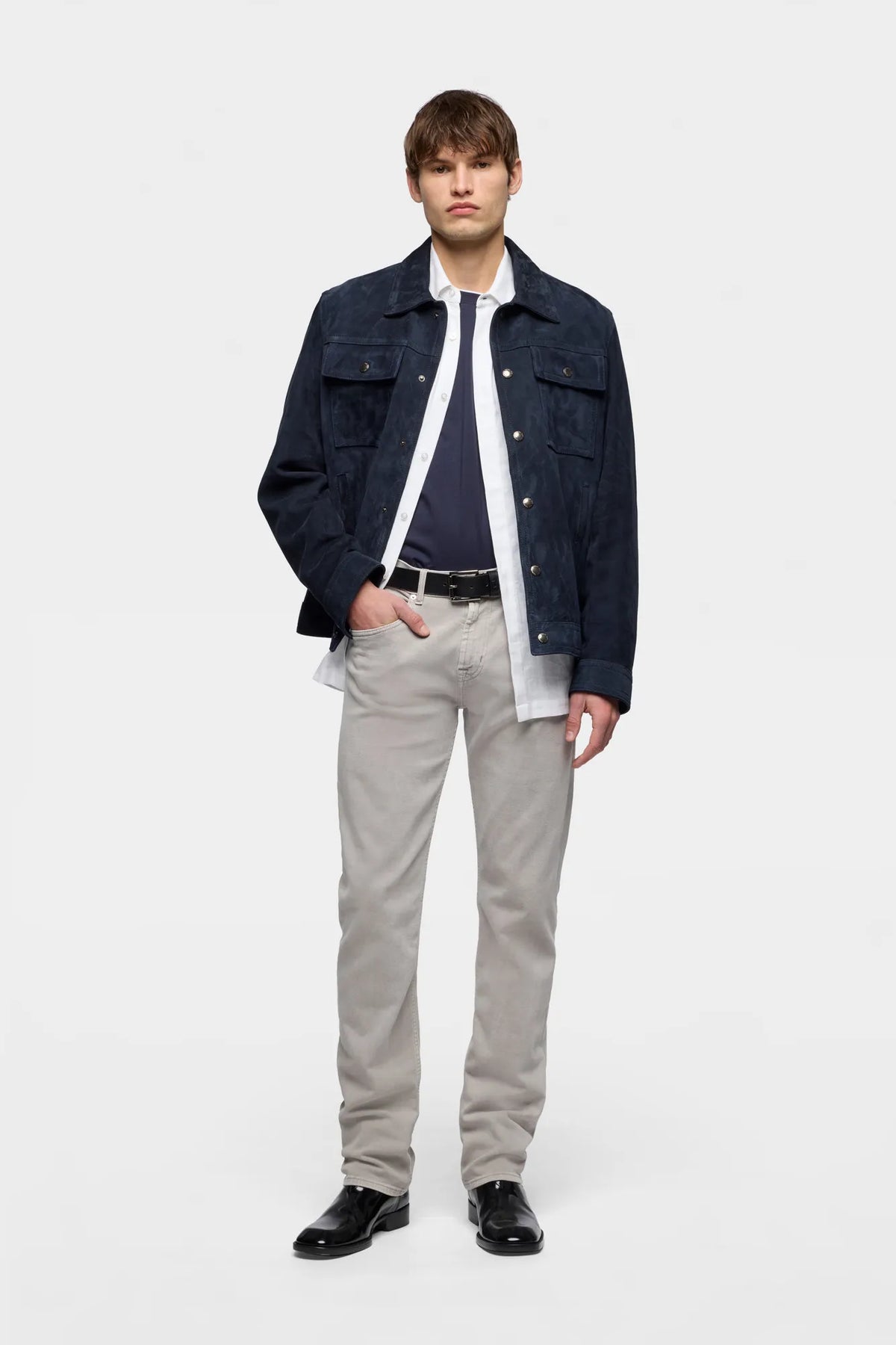 7 For All Mankind Midnight Men Modern Trucker Jacket in Suede SKU: 7MQ80F15_3FM Image 01