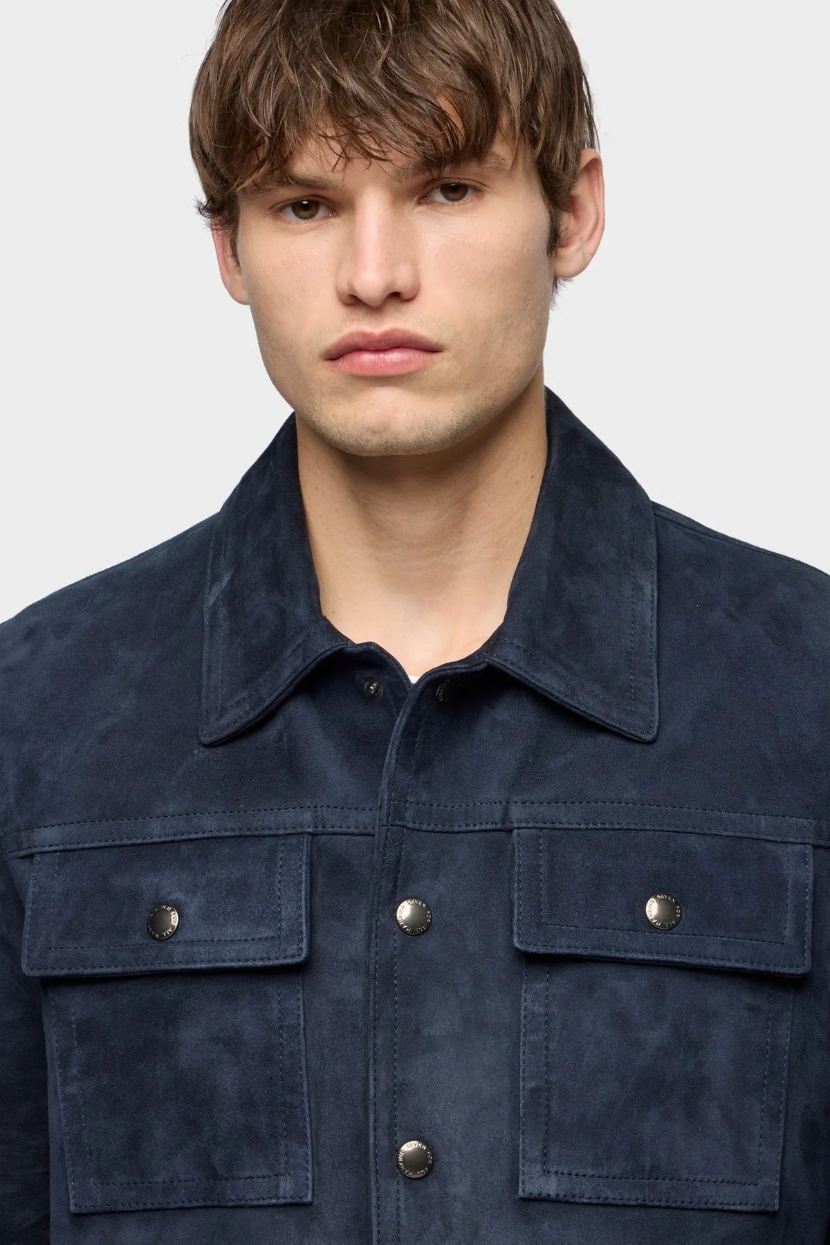 7 For All Mankind Midnight Men Modern Trucker Jacket in Suede SKU: 7MQ80F15_3FM Image 03