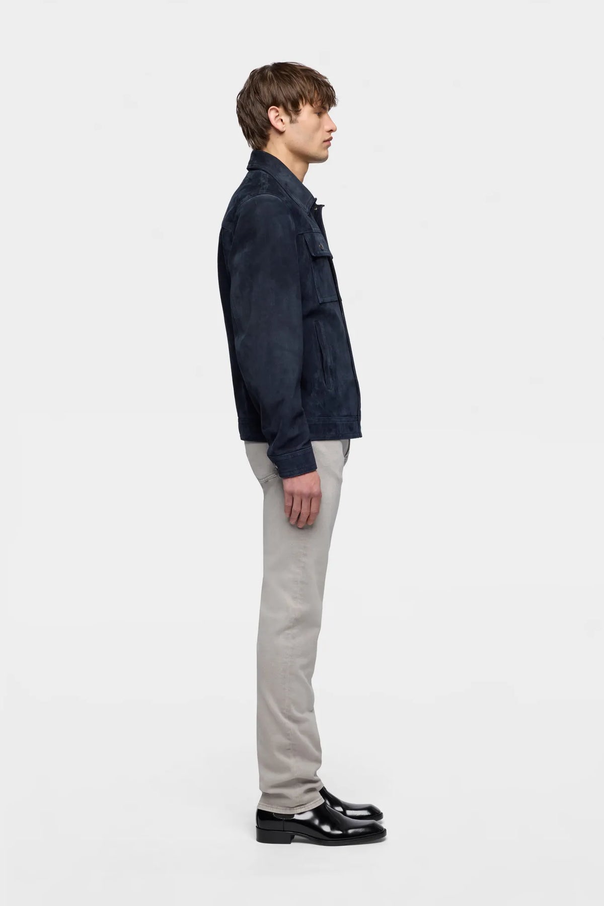 7 For All Mankind Midnight Men Modern Trucker Jacket in Suede SKU: 7MQ80F15_3FM Image 05