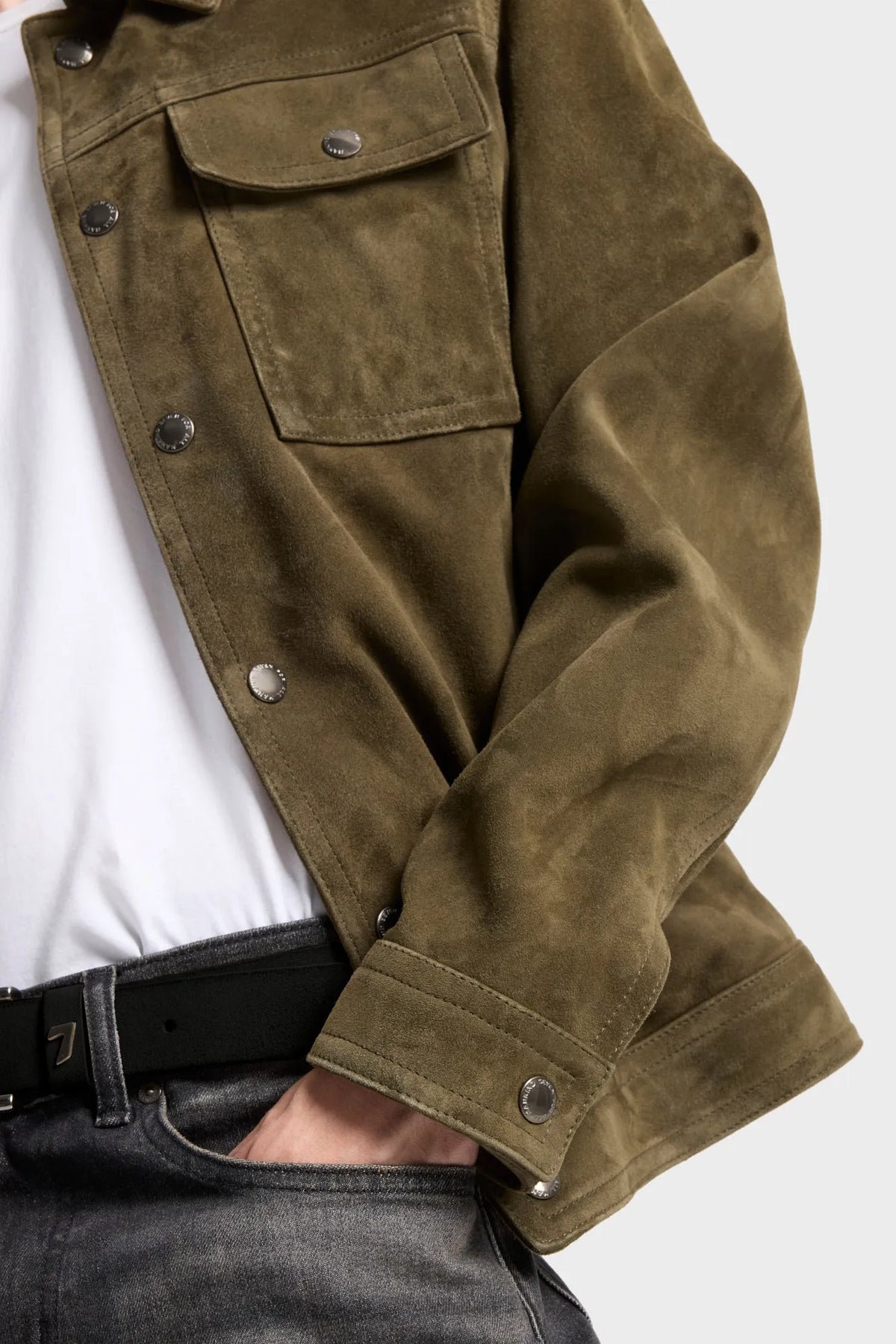 7 For All Mankind Military Men Modern Trucker in Suede SKU: 7MQ80F15_3PN Image 03