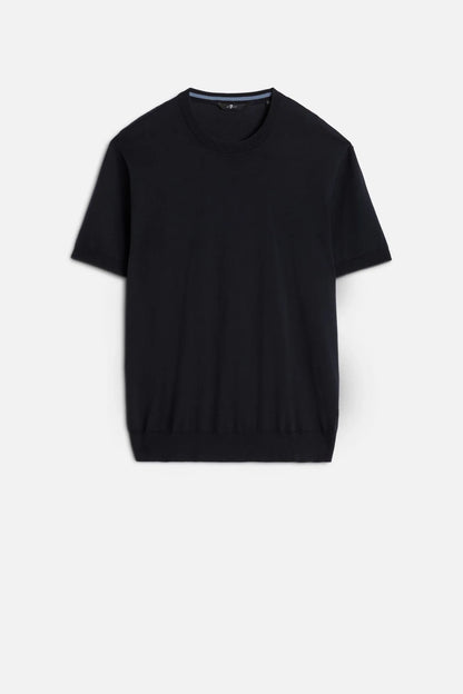 7 For All Mankind Navy Men Short Sleeve Sweater in Cotton SKU: 7MT02K22_DNV Image 01