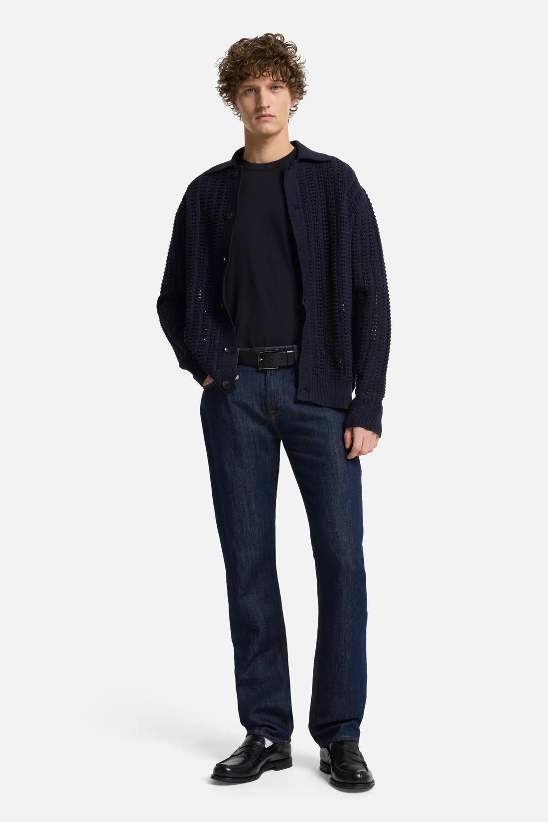 7 For All Mankind Navy Men Short Sleeve Sweater in Cotton SKU: 7MT02K22_DNV Image 02