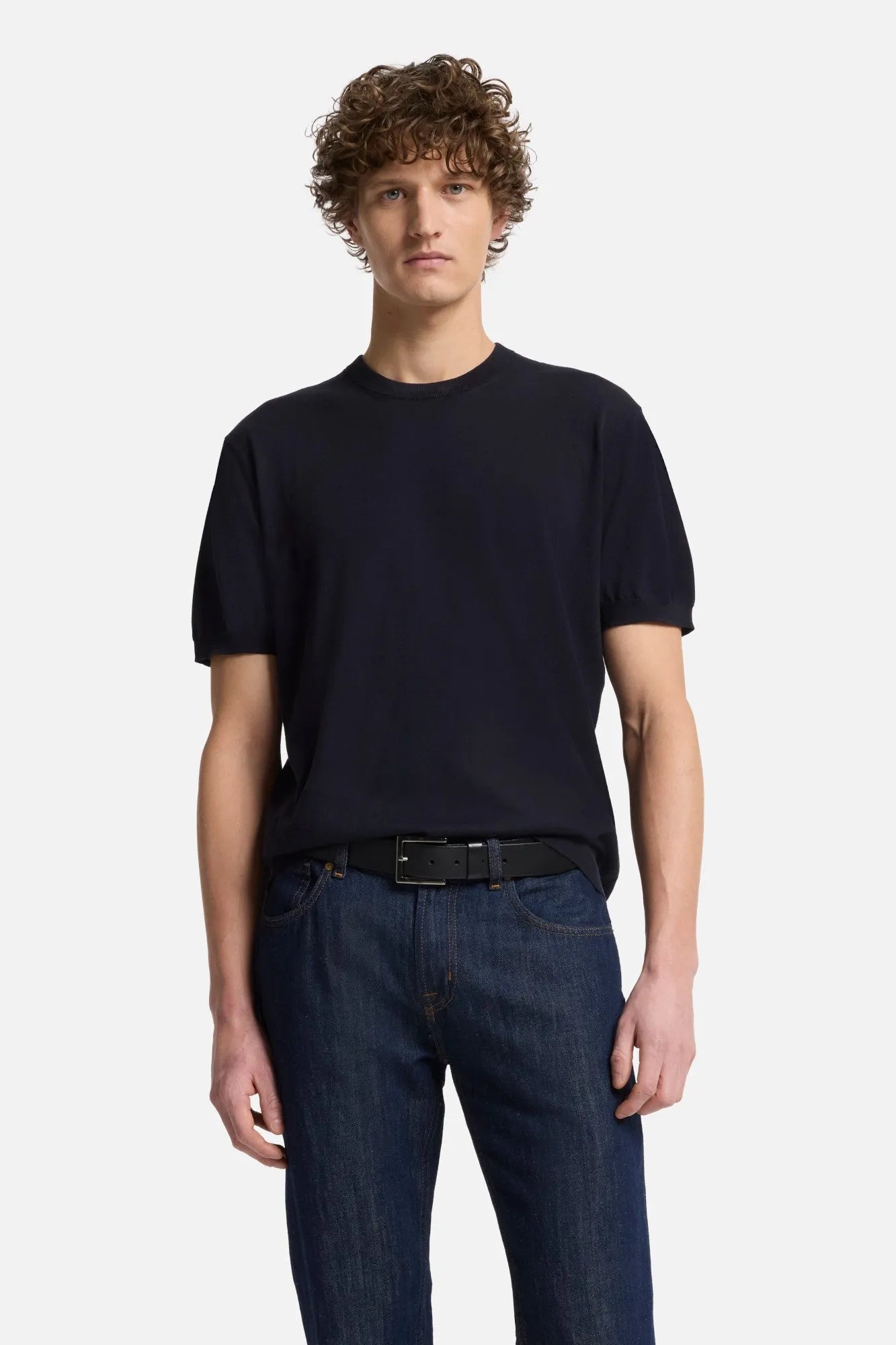 7 For All Mankind Navy Men Short Sleeve Sweater in Cotton SKU: 7MT02K22_DNV Image 03