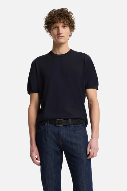 7 For All Mankind Navy Men Short Sleeve Sweater in Cotton SKU: 7MT02K22_DNV Image 03
