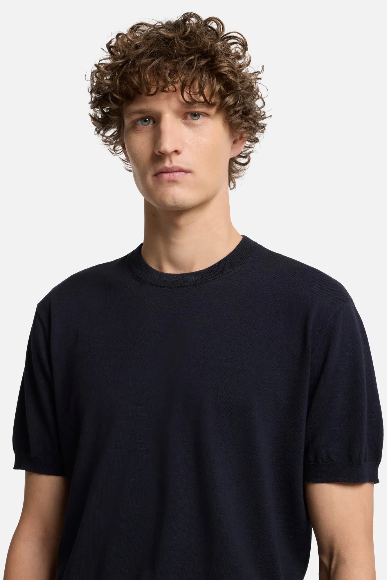 7 For All Mankind Navy Men Short Sleeve Sweater in Cotton SKU: 7MT02K22_DNV Image 04