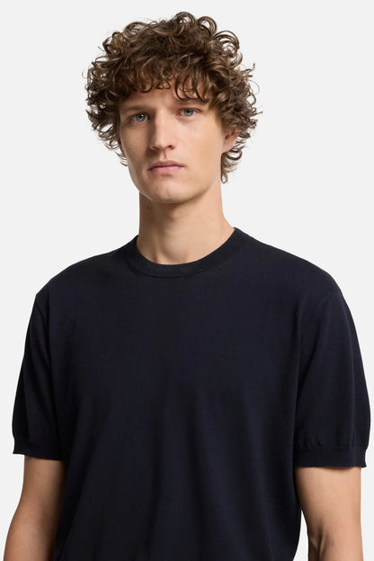 7 For All Mankind Navy Men Short Sleeve Sweater in Cotton SKU: 7MT02K22_DNV Image 04