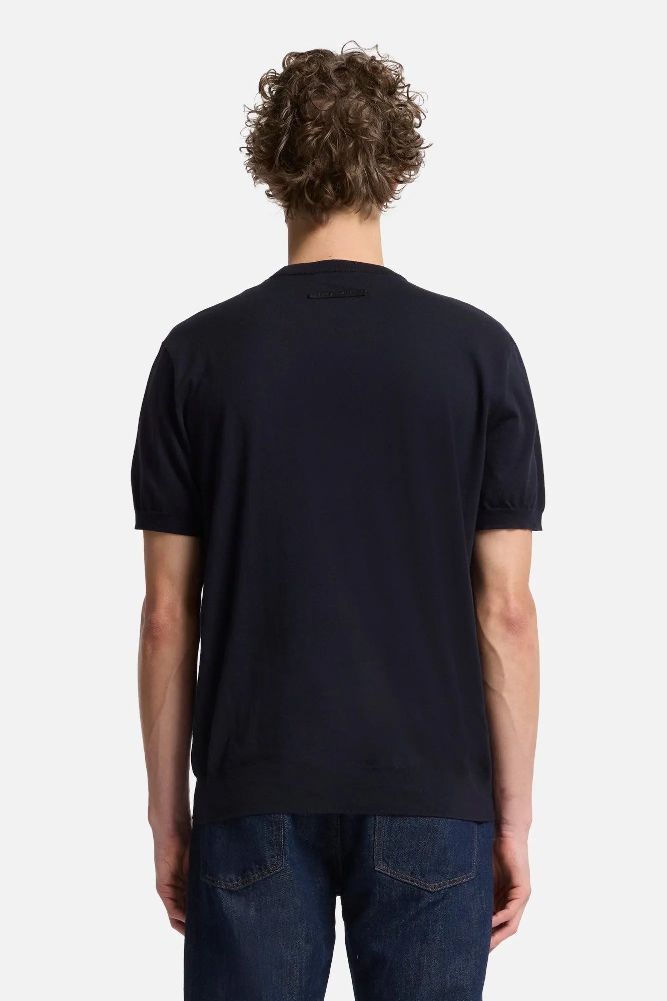7 For All Mankind Navy Men Short Sleeve Sweater in Cotton SKU: 7MT02K22_DNV Image 05