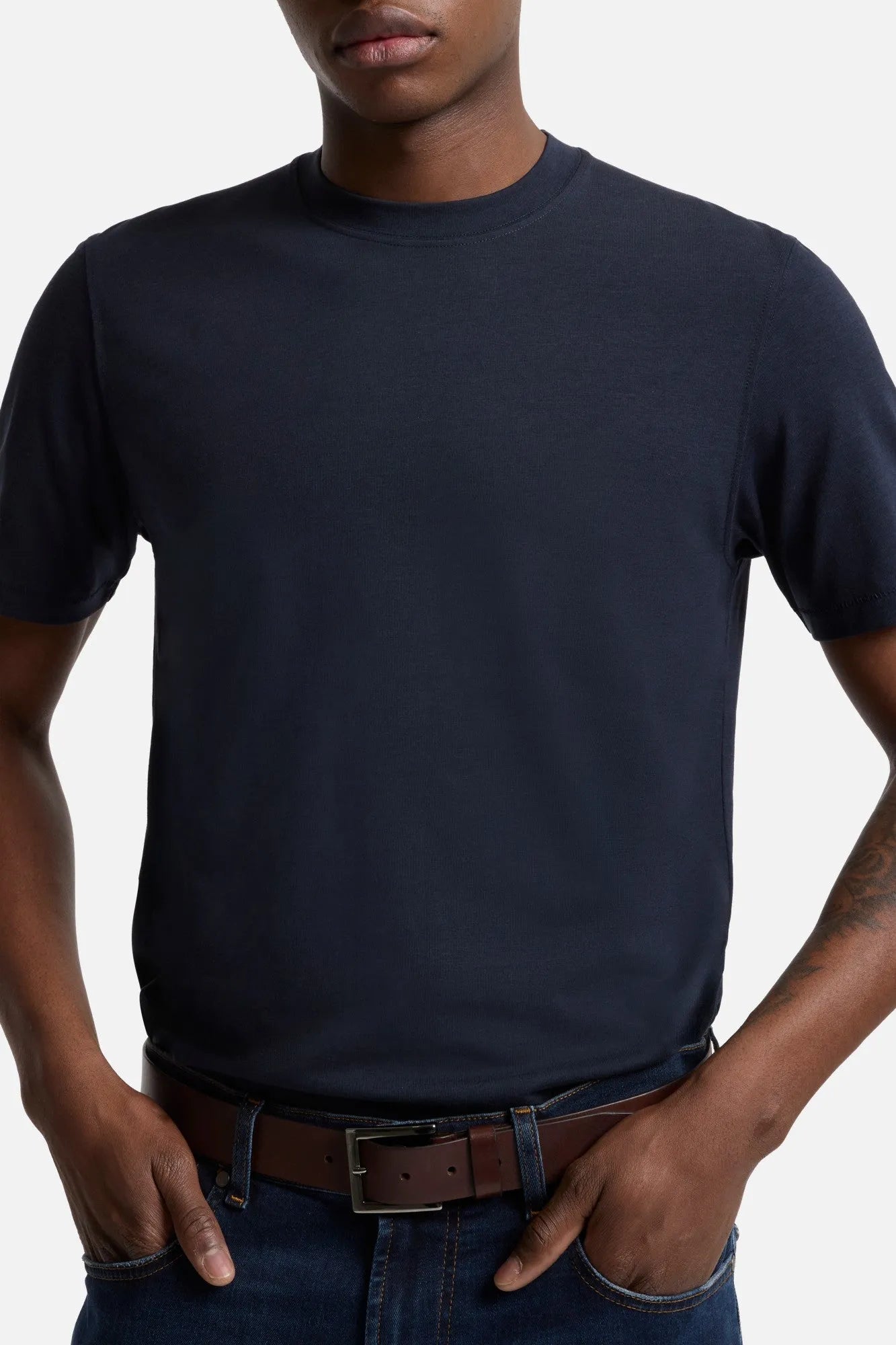 7 For All Mankind Navy Men Crewneck Tee in Lyocell SKU: 7MT04J09_NVY Image 04
