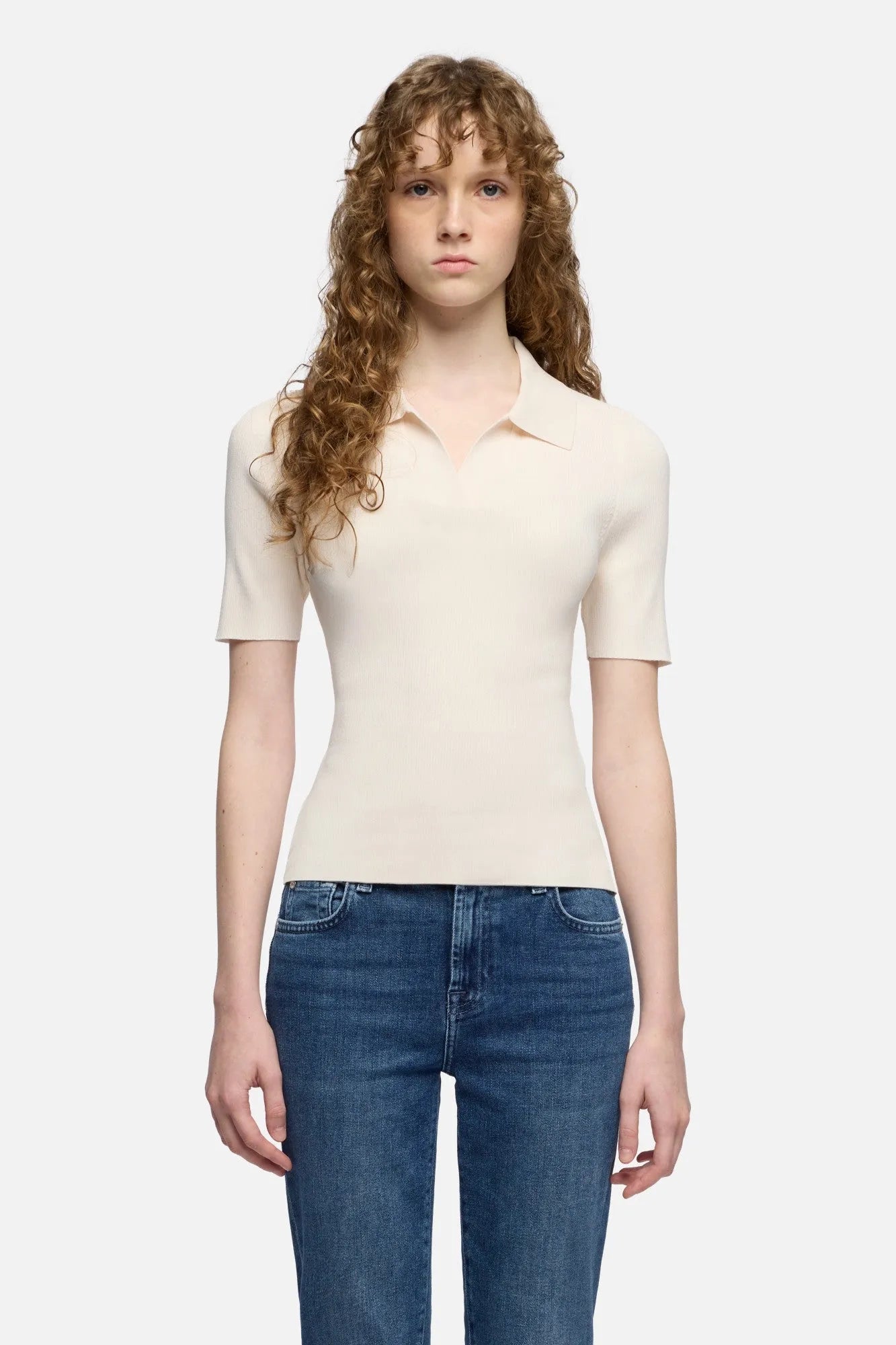 7 For All Mankind Glaze Women Short Sleeve Polo Sweater SKU: 7N9F0G70_3G2 Image 03