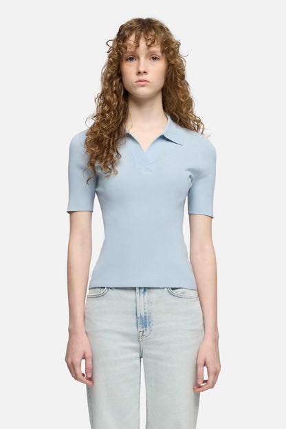 7 For All Mankind Sky Blue Women Short Sleeve Polo Sweater SKU: 7N9F0G70_3G4 Image 03