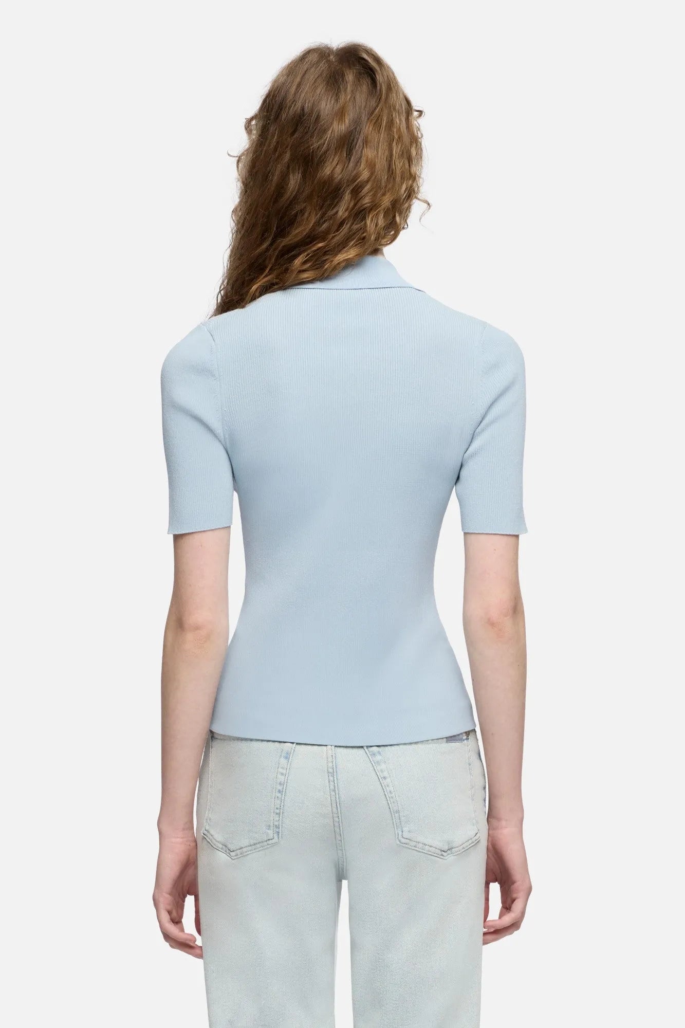 7 For All Mankind Sky Blue Women Short Sleeve Polo Sweater SKU: 7N9F0G70_3G4 Image 05