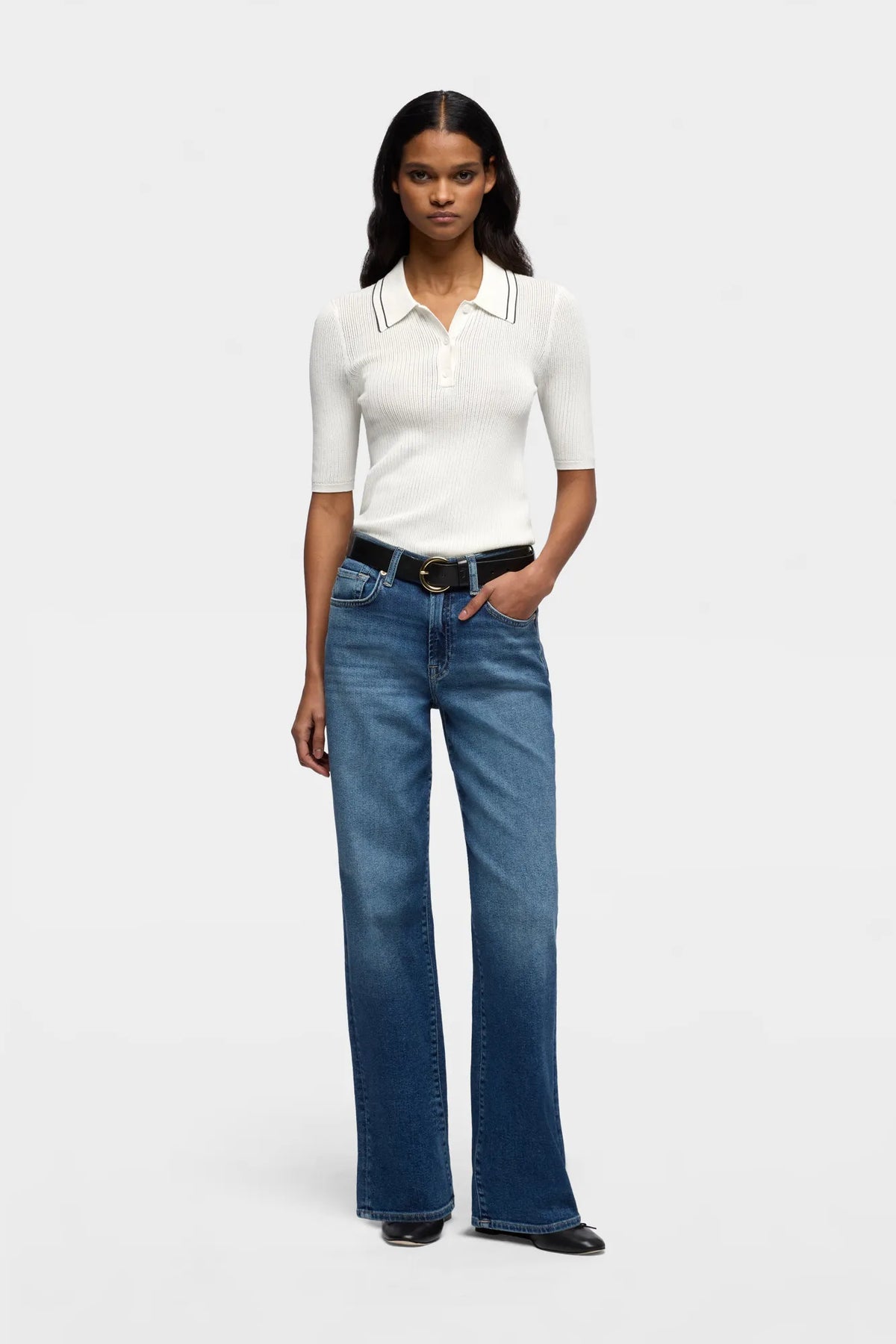 7 For All Mankind White Women Piped Collar Polo SKU: 7NAX0H03_3JC Image 01