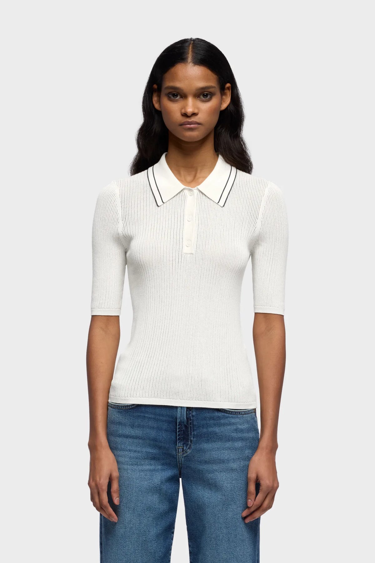 7 For All Mankind White Women Piped Collar Polo SKU: 7NAX0H03_3JC Image 02