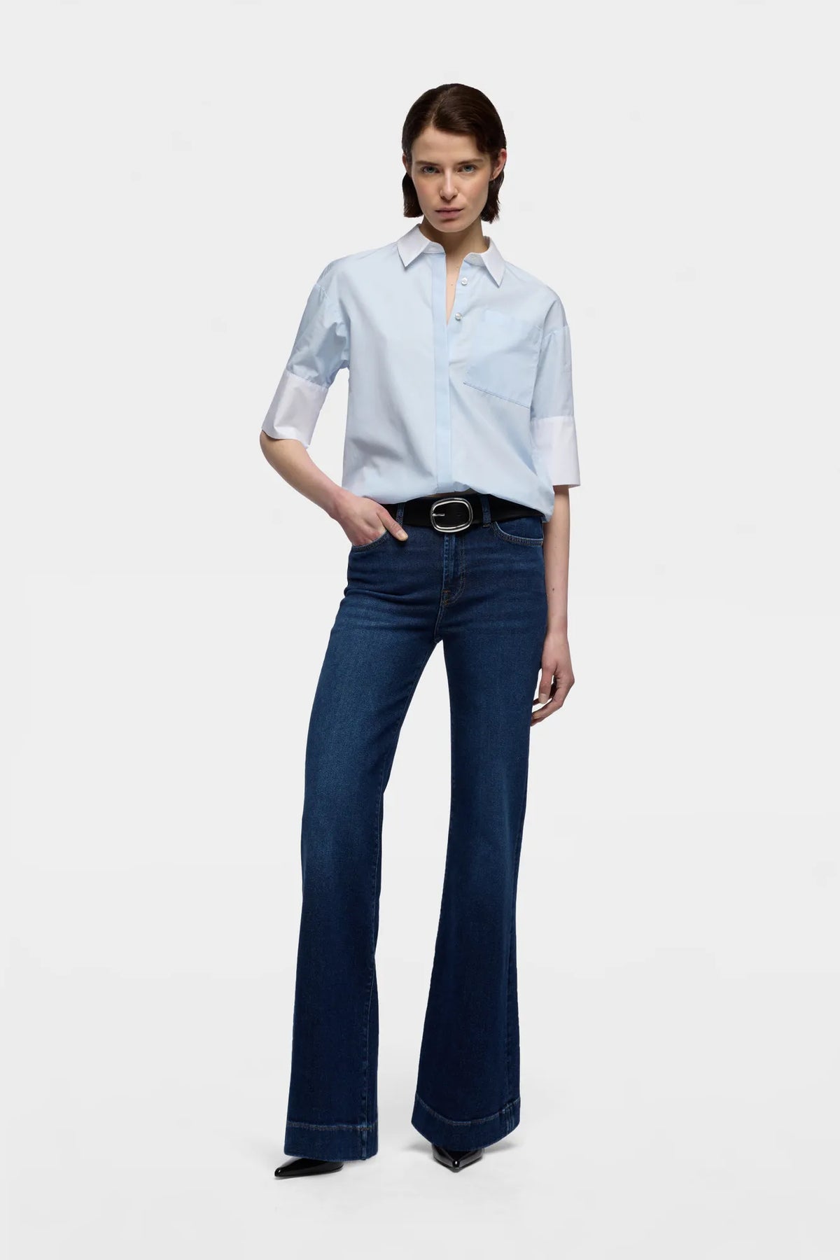 7 For All Mankind Light Blue Women Short Sleeve Shirt in Poplin SKU: 7NBC0G75_1I3 Image 01