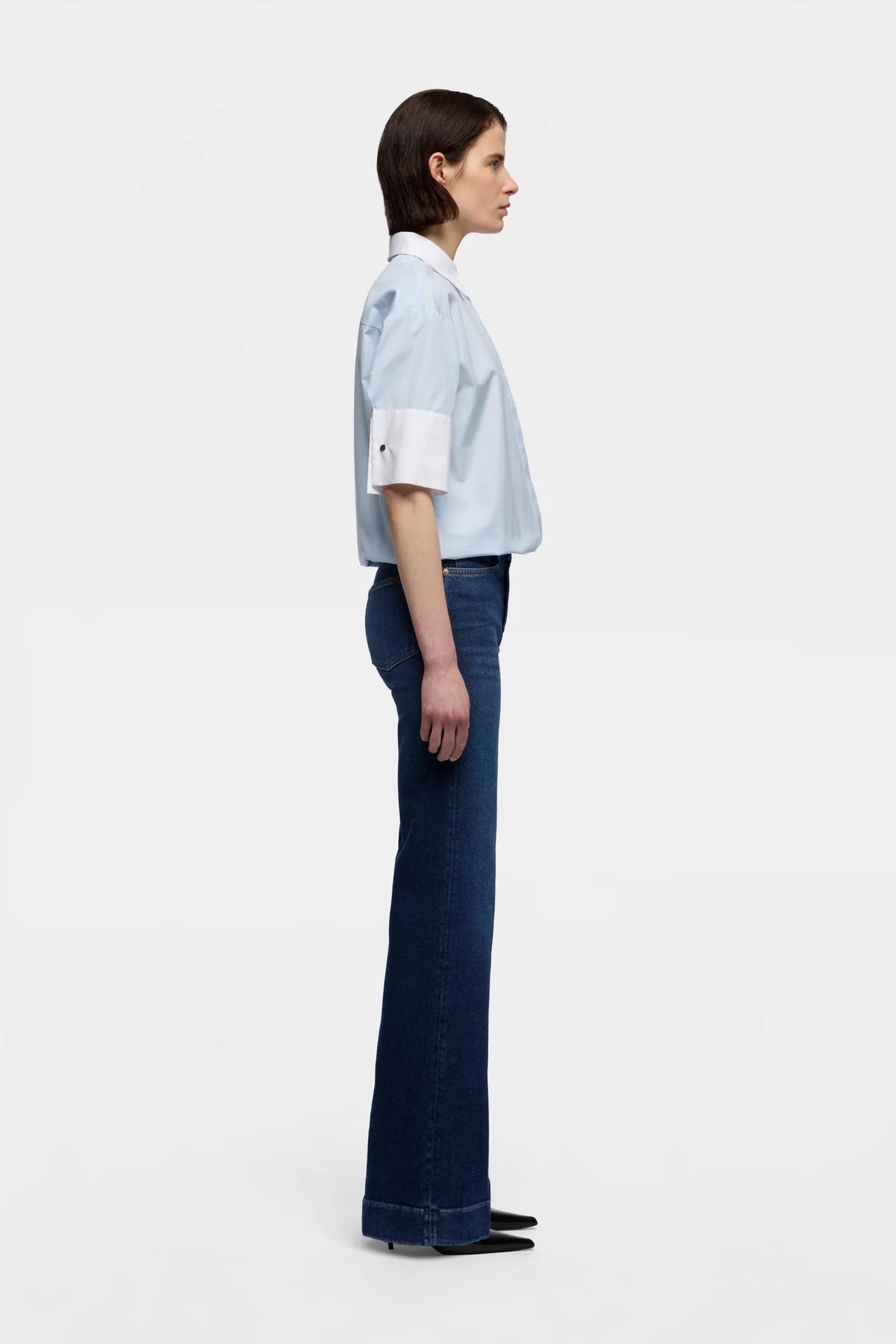 7 For All Mankind Light Blue Women Short Sleeve Shirt in Poplin SKU: 7NBC0G75_1I3 Image 05