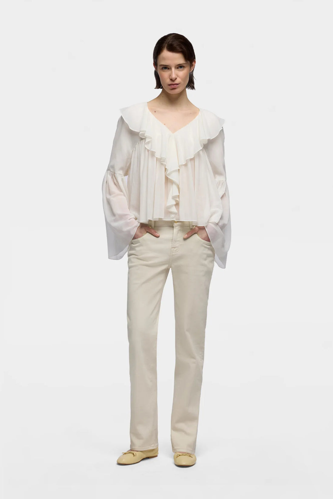 7 For All Mankind Ivory Women Flowy Long Sleeve Blouse in Silk Blend SKU: 7NBJ0H01_1RB Image 01