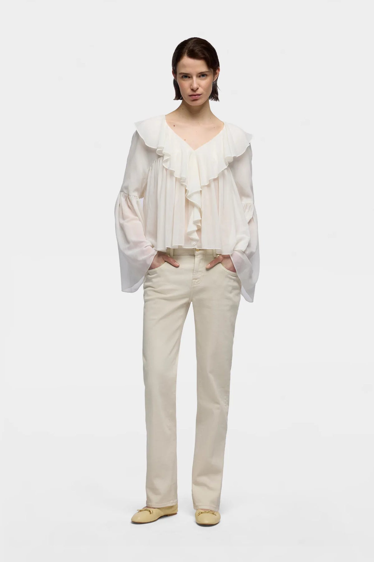 7 For All Mankind Ivory Women Flowy Long Sleeve Blouse in Silk Blend SKU: 7NBJ0H01_1RB Image 01