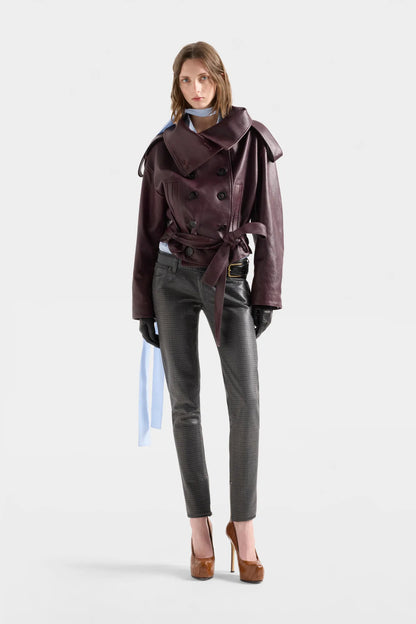 7 For All Mankind Black Cherry Women Double Breasted High Neck Short Coat in Leather SKU: 7NEE0H69_3W3 Image 01