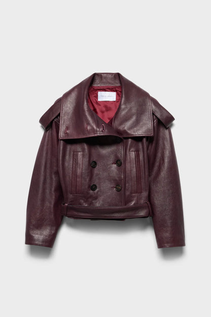 7 For All Mankind Black Cherry Women Double Breasted High Neck Short Coat in Leather SKU: 7NEE0H69_3W3 Image 06