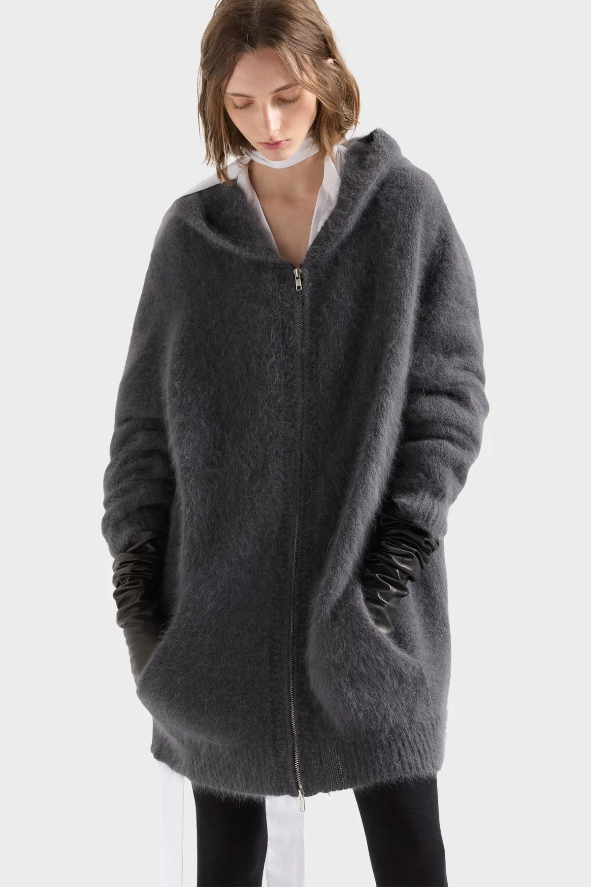 7 For All Mankind Stone Women Fuzzy Zip Hoodie in Alpaca Blend SKU: 7NFW0H75_43K Image 02