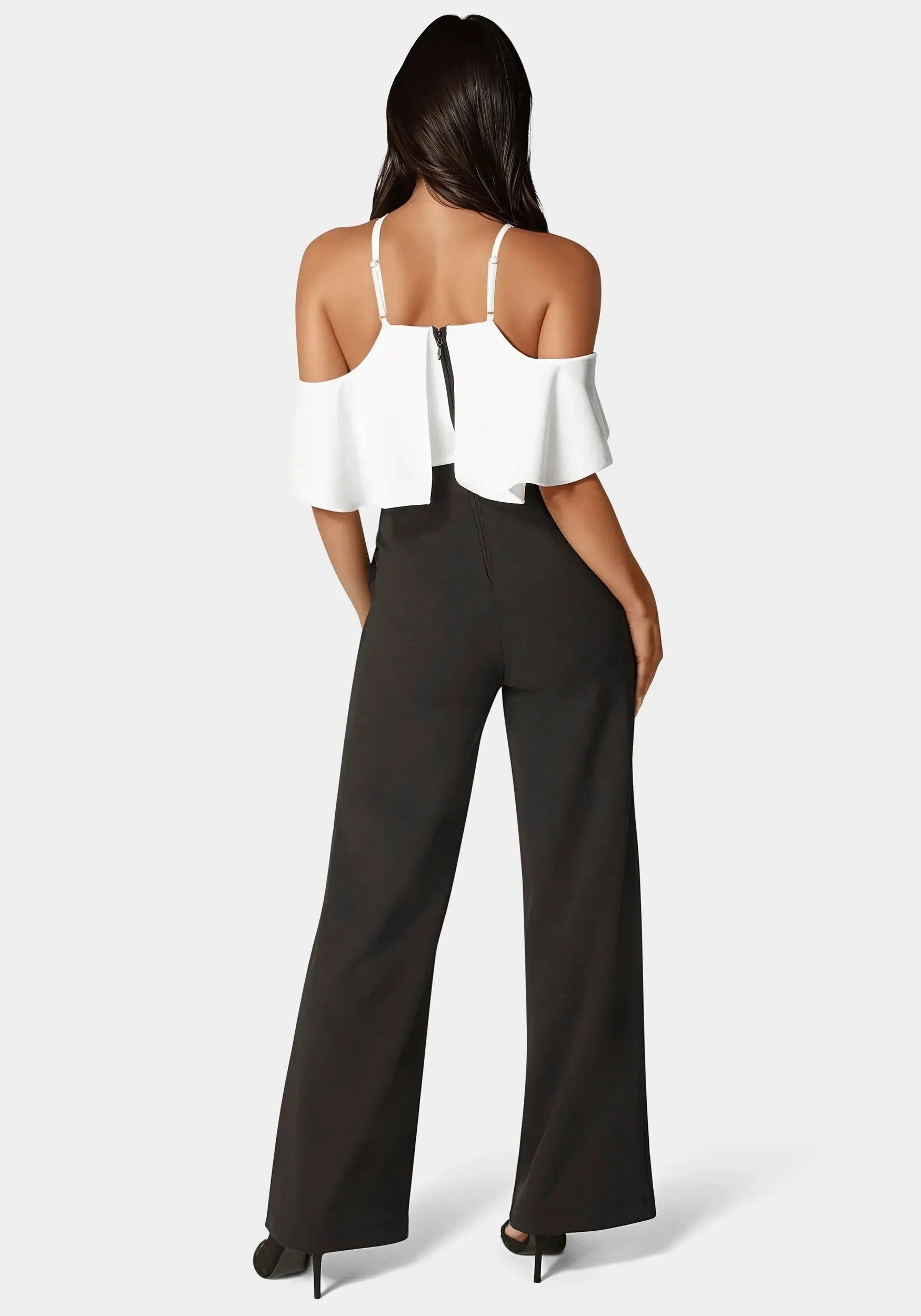 Bebe_Cold Shoulder Palazzo Leg Jumpsuit_7SKG0152BE_BLACK - WHITE ALYSSUM_03