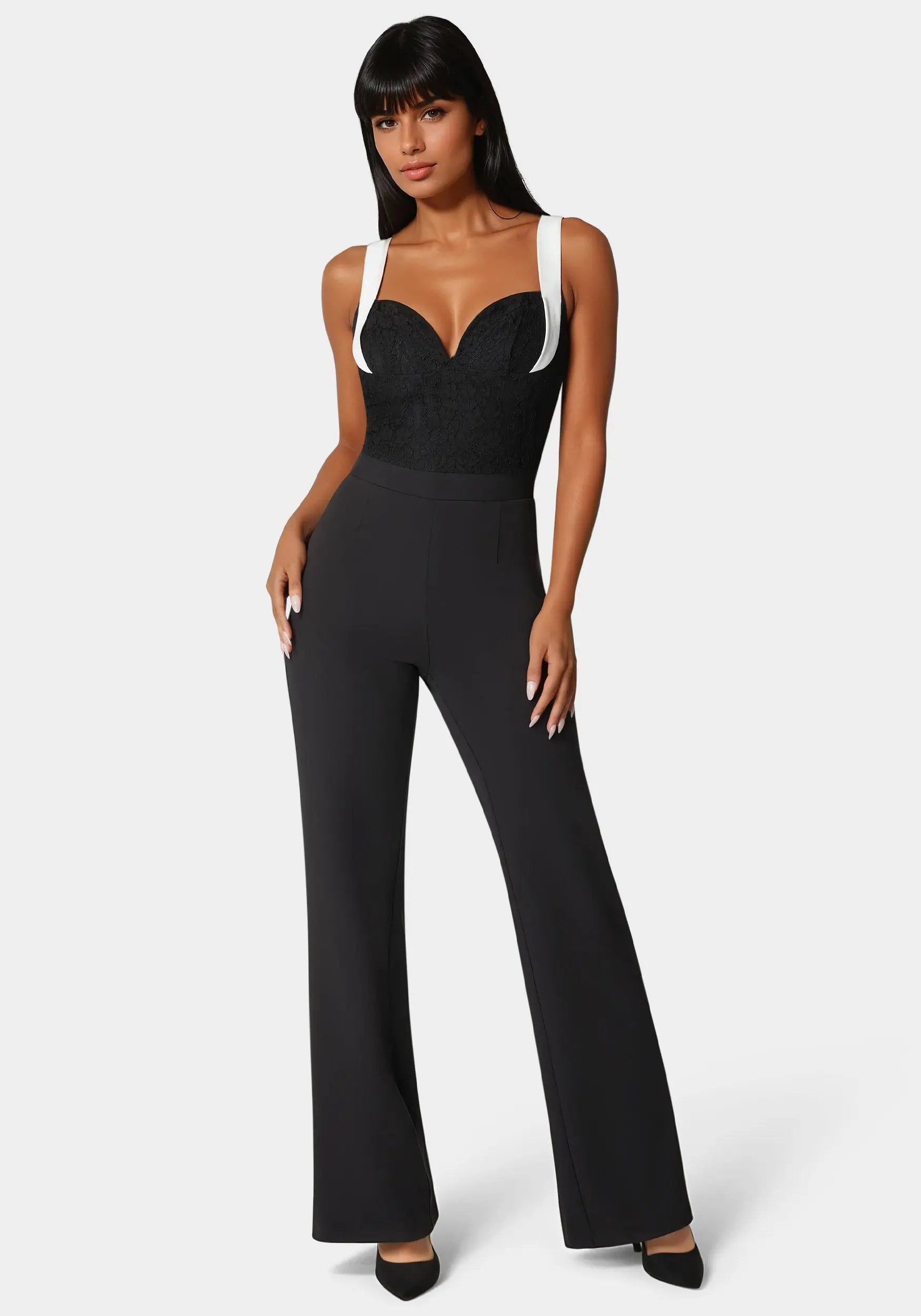 Bebe_Lace Insert Flared Jumpsuit_7SKG0161BE_BLACK - WHITE ALYSSUM_01