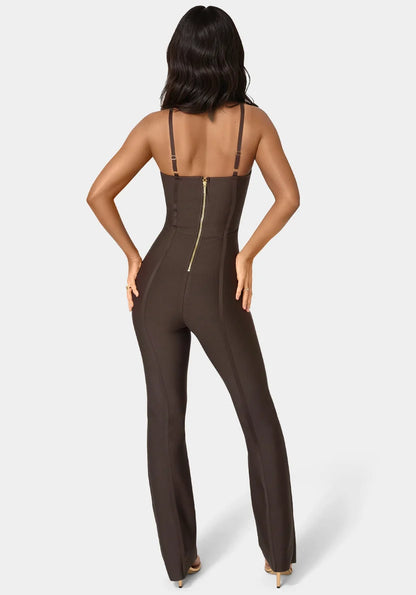 Bebe  Women Bandage Mini Flare Leg Jumpsuit SKU: 7SKG0199BE_Chocolate Martini Image 02