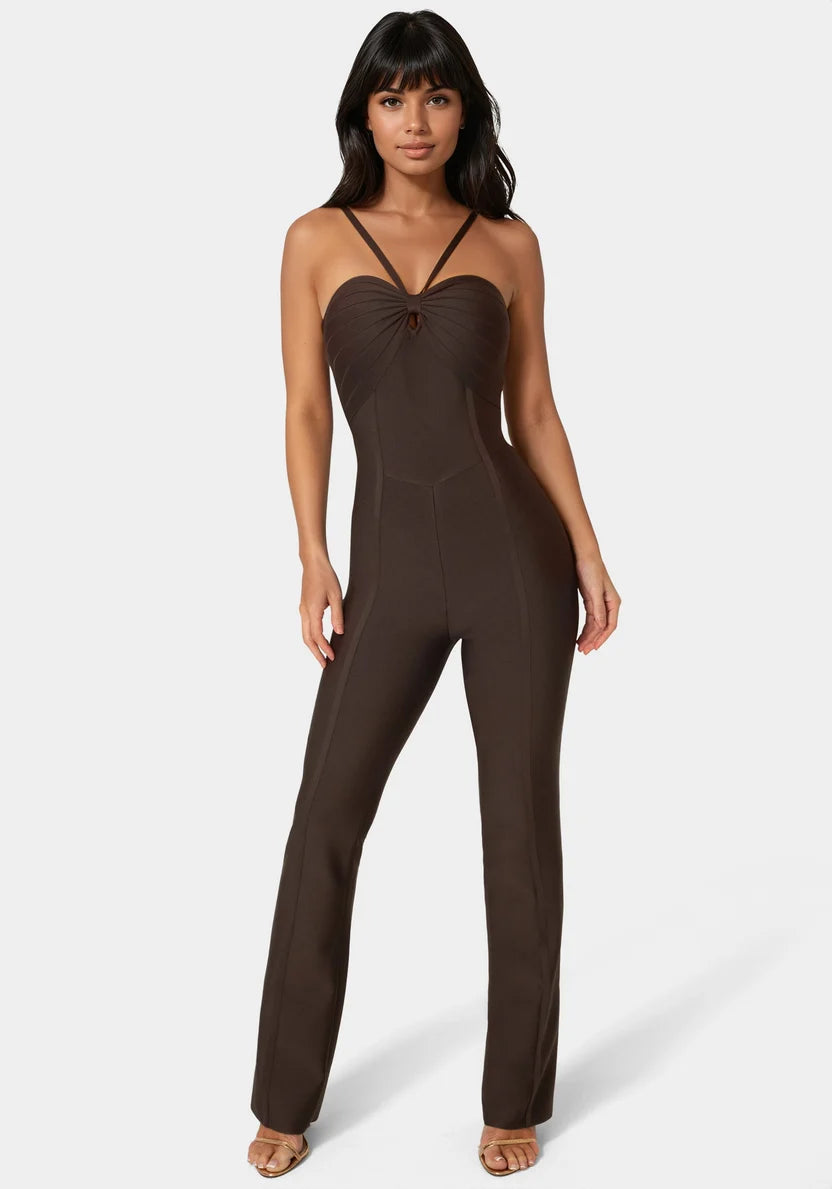 Bebe  Women Bandage Mini Flare Leg Jumpsuit SKU: 7SKG0199BE_Chocolate Martini Image 03