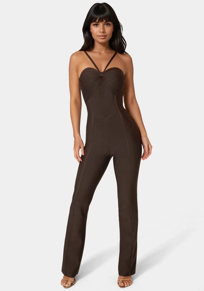 Bebe  Women Bandage Mini Flare Leg Jumpsuit SKU: 7SKG0199BE_Chocolate Martini Image 03