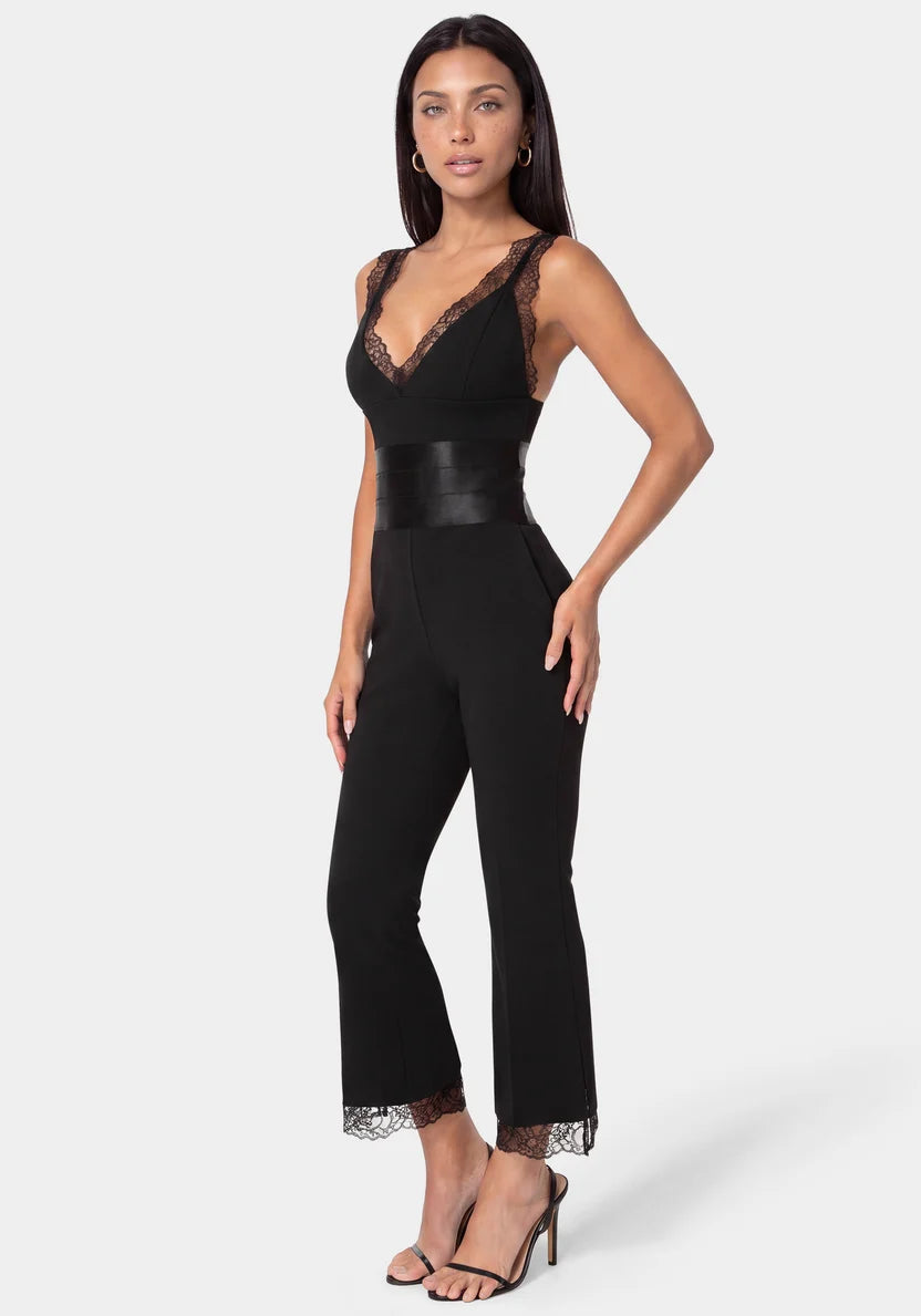 Bebe Black Women Romantic Lace Jumpsuit SKU: 7SKG0204BE_BLACK Image 01