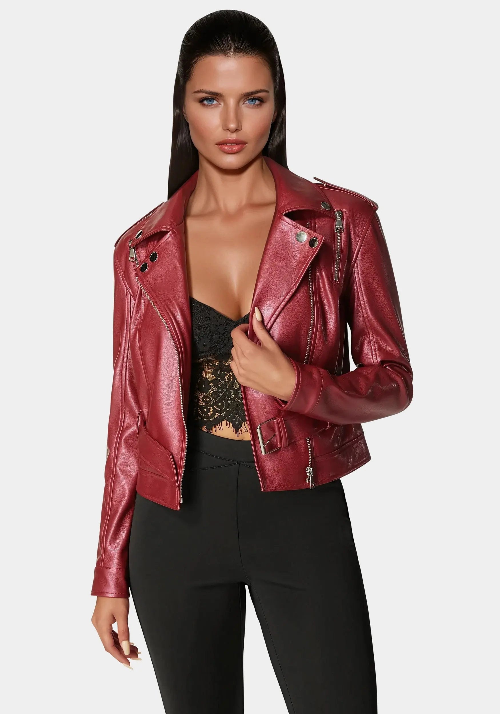 Bebe_Metallic Vegan Leather Moto Jacket_7SKJ0202BE_RED DAHILA_01