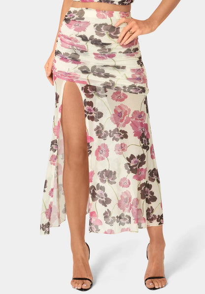 Bebe  Women Maxi Mesh Shirred Skirt SKU: 7SKK0192BE_Wild Garden Prt Image 01