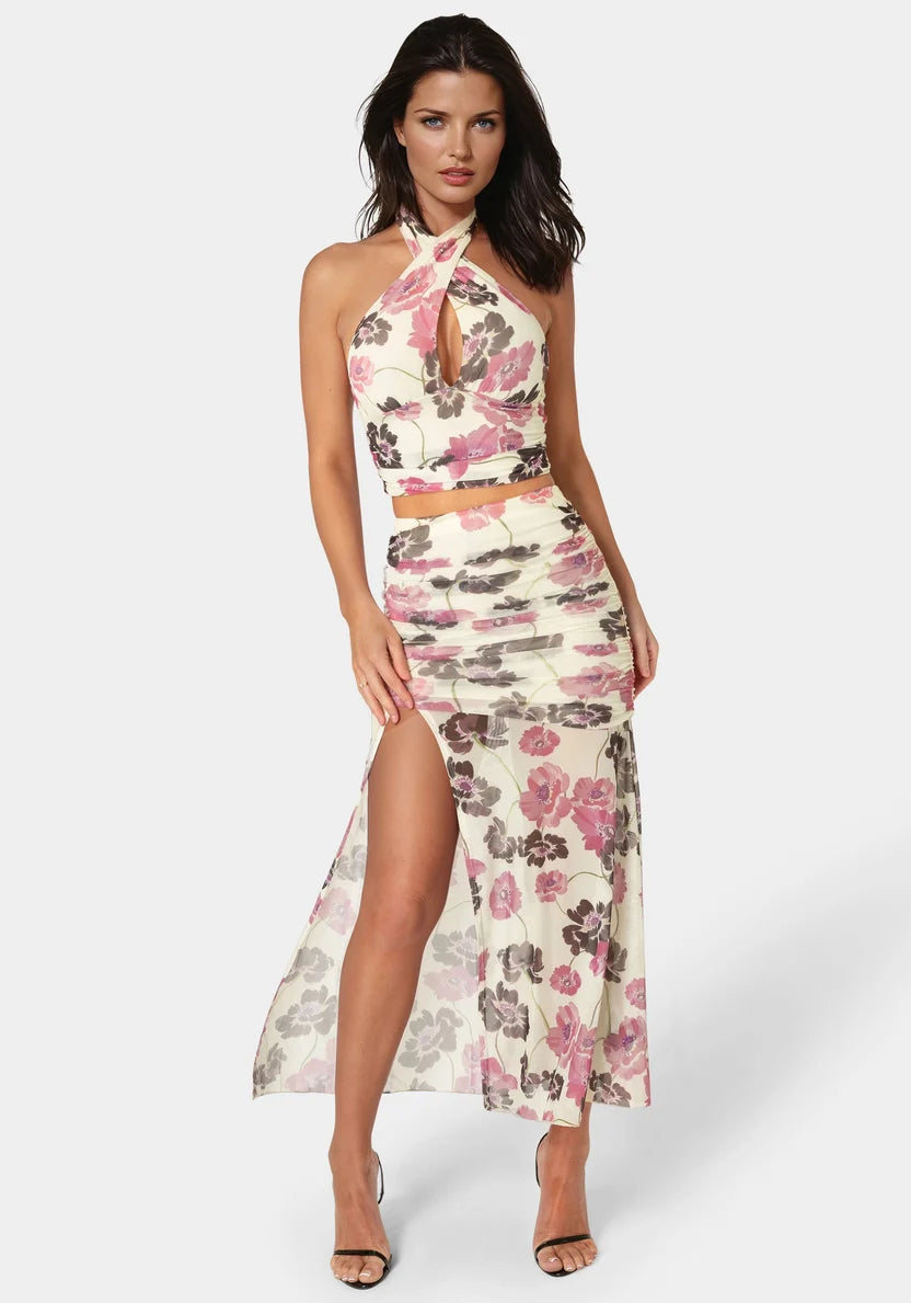 Bebe  Women Maxi Mesh Shirred Skirt SKU: 7SKK0192BE_Wild Garden Prt Image 02